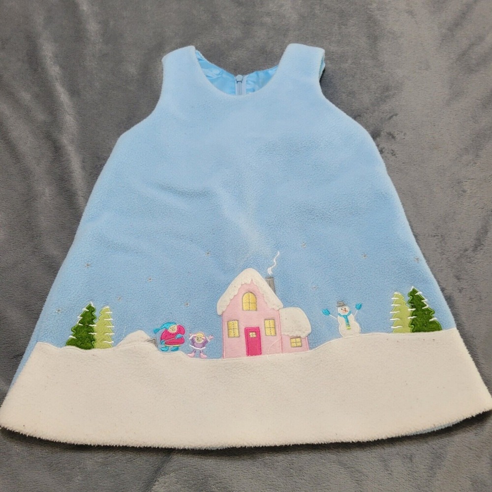 Christmas Dress Girls 12 Months Blue Fleece Snow Family Holiday House Back Zip